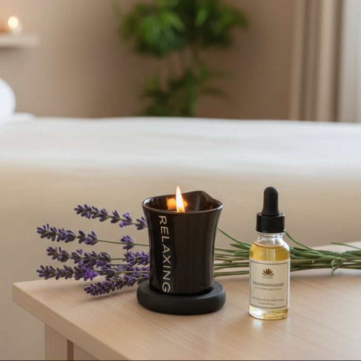 Relaxing candle and bottle of essential oil with lavender flowers on a wooden surface
